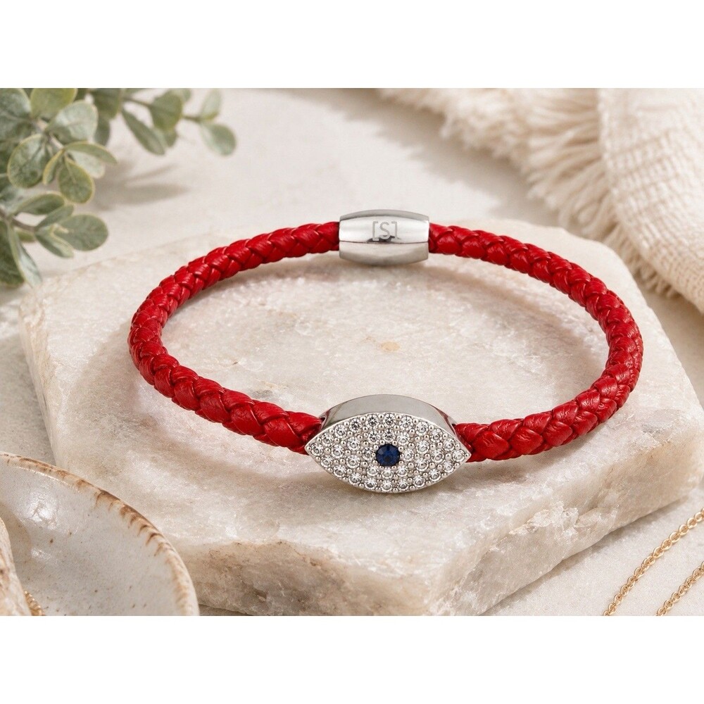 Liza Schwartz Red Braided Leather Evil Eye Crystal Magnetic Bracelet 5”